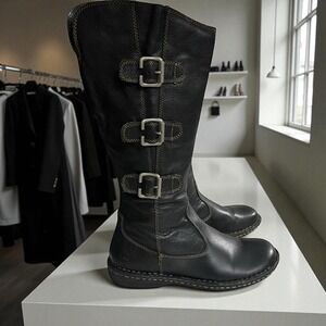 Born Black Leather Tall Knee High Riding‎ Boots Stacked Heel Size 7.5 / 38.5